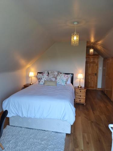 a bedroom with a large white bed with two lamps at Moher Heights in Liscannor