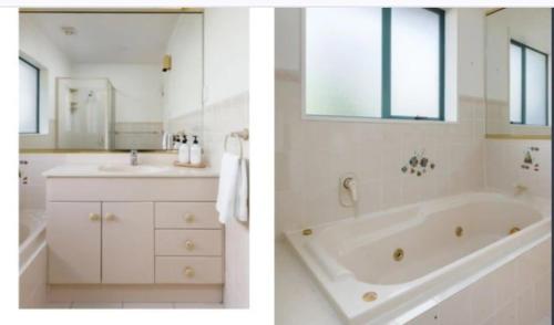 two pictures of a bathroom with a tub and a sink at Mount Handy Dandy in Mount Maunganui