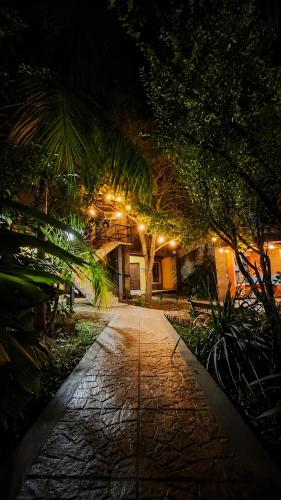 a walkway in front of a building at night at Hospedaje Los Vencejos in Puerto Iguazú