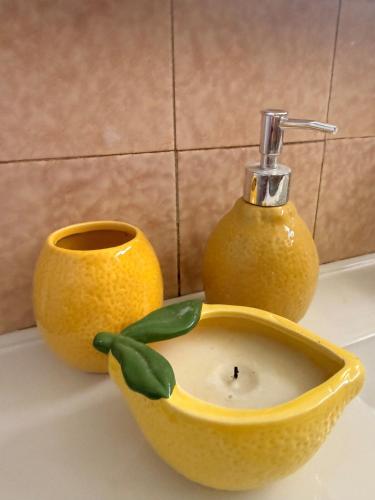a yellow soap dispenser sitting on top of a sink at Namoi Dreaming Spacious parkview residence in Narrabri