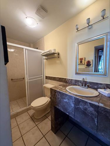 a bathroom with a sink and a toilet and a mirror at Hotel Marina Loreto in Loreto