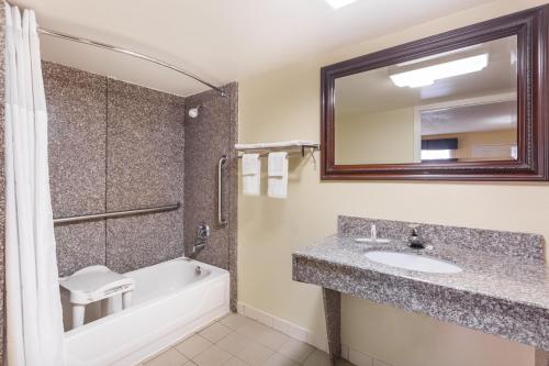 ワーナーロビンズにあるDays Inn & Suites by Wyndham Warner Robins Near Robins AFBの洗面台、浴槽、鏡のあるバスルーム