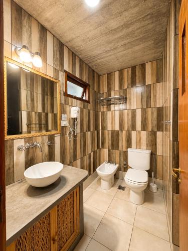 a bathroom with a toilet and a sink at Hotel Belgrano in Tilcara