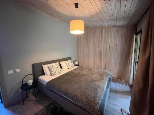 a bedroom with a bed and a pendant light at Shells & Pines in Jūrmala
