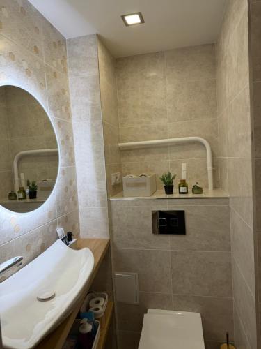 a bathroom with a sink and a mirror at Harmony Apartments Lux in Liepāja