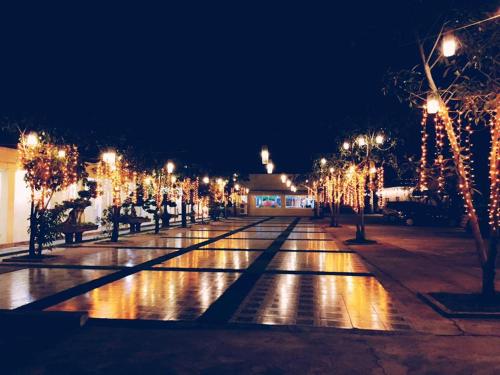 a row of lights in a park at night at Binh Minh Dien Chau Hotel in Diễn Châu