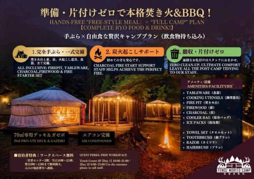 a sign for a tentarium at night with lights at みどりの村 in Ogano