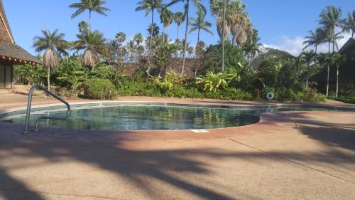 an empty swimming pool in a resort with palm trees at Molokai Ocean View Condo in Maunaloa