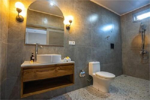 a bathroom with a toilet and a sink and a shower at The Peacock Inn in Ubud