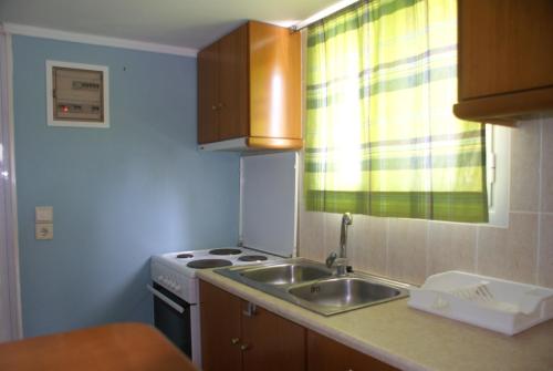 a kitchen with a sink and a stove at ''Koukmos beach'' Greenspace Living - Private sandy beach in Parákoila