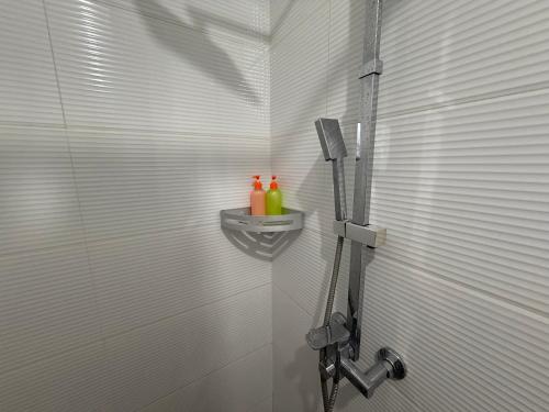 a bathroom with a shower with two bottles on a shelf at D Avenue Studio in Iloilo City