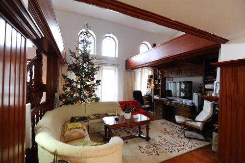 a living room with a christmas tree and a couch at Rapsodia Pension in Suceava