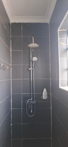 a shower in a bathroom with a blue wall at Godly Homes in Ruiru