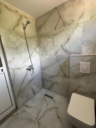 ein Badezimmer mit Marmordusche und Toilette in der Unterkunft Summer Home in Gjilek