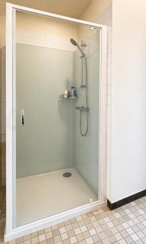 a shower with a glass door in a bathroom at Gîte du Gacet in Trévérien