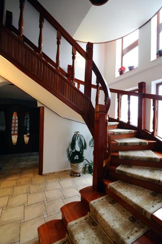 a staircase in a house with wooden steps andwindows at Rapsodia Pension in Suceava
