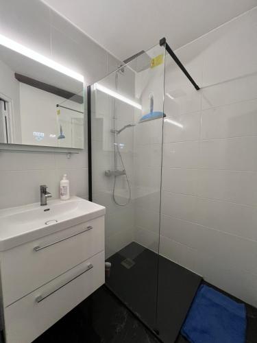 a bathroom with a glass shower and a sink at cœur du Bouffay in Nantes