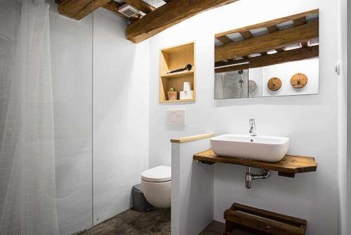 a white bathroom with a sink and a toilet at Ca l'Espavil in Cardedeu