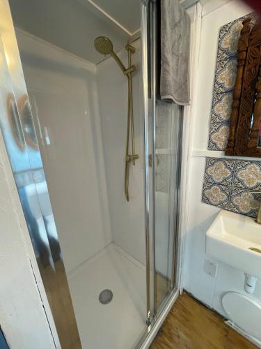 a bathroom with a shower and a sink at Le Bach - Rustic Central Raglan in Raglan