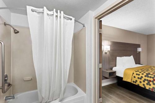 a bathroom with a bed and a tub in a room at Econo Lodge Willowbrook in Burr Ridge
