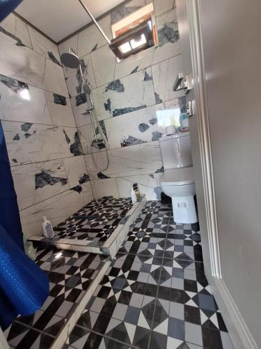 a bathroom with a black and white checkered floor at Guesthouse Story in Lagodekhi in Lagodekhi