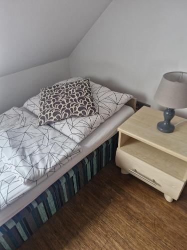 a bedroom with a bed and a nightstand with a lamp at Cyprysowa 7 in Kiełczów