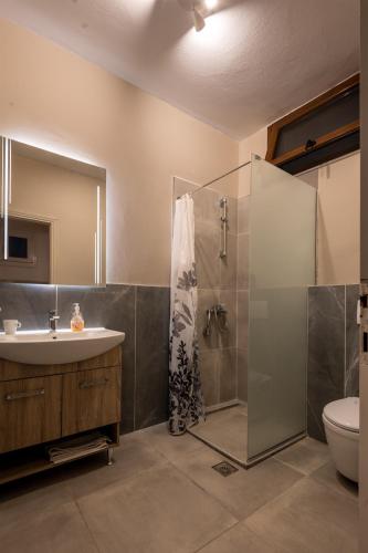 a bathroom with a shower and a sink and a toilet at Marea Blue Seaview Apartments of Santa Barbara in Marathias