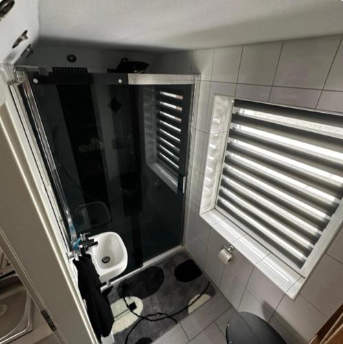 ein Badezimmer mit Dusche, Waschbecken und Fenster in der Unterkunft Pooloase in Colbitz