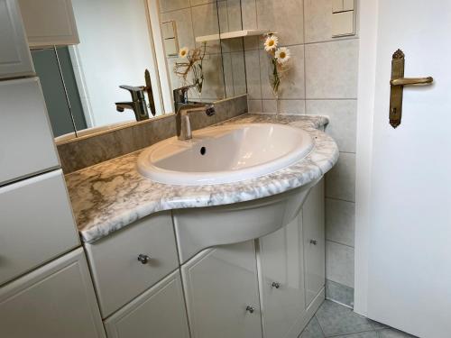 a bathroom with a white sink and a mirror at Das Sunnhäusl in Mariapfarr