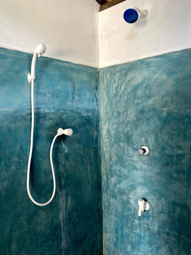 a bathroom with a shower with a blue wall at Summer wave kudawa and Kite surfing school in Kalpitiya