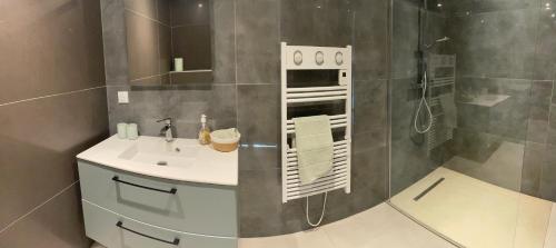 a bathroom with a sink and a shower at L'entre deux M in Saint-Loubès