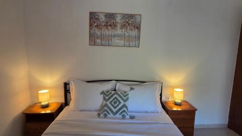 a bedroom with a bed with two nightstands and two lamps at Anemos House Sykia Halkidiki in Sykia Chalkidikis