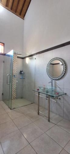 a shower with a glass table and a mirror at Villa Rosa East Bali in Karangasem