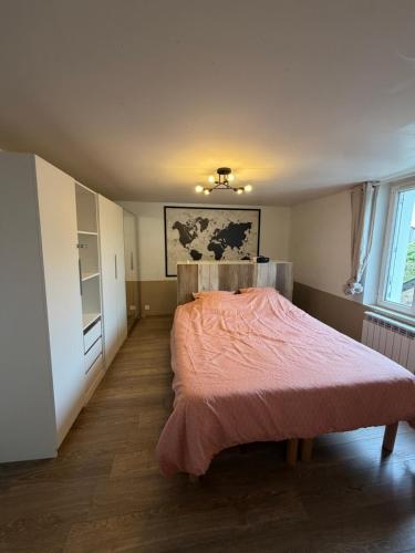 a bedroom with a bed with a pink blanket at Maison de bourg de village in Dame-Marie-les-Bois