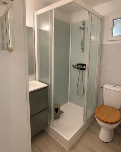 a bathroom with a toilet and a glass shower at Entre Rails & Rives in Montbard