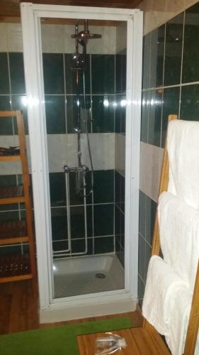 a shower with a glass door in a bathroom at Chalet L'imprévu in Vaulnaveys-le-Bas