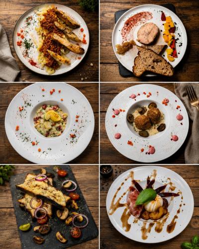 a collage of four pictures of plates of food at Le Château des saveurs in Mello
