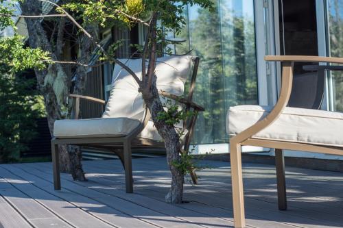 a chair sitting next to a tree on a porch at Endemiko in Malalcahuello