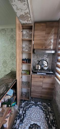 a small kitchen with wooden cabinets and a kitchen rug at Ganja Apart in Ganja