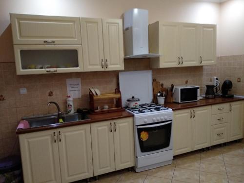a kitchen with white cabinets and a stove and a sink at VILLA VERA in Berehove