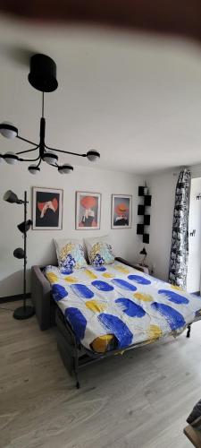 a bedroom with a bed with a blue and yellow comforter at Studio de l'Armançon in Semur-en-Auxois