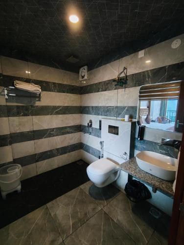 a bathroom with a white toilet and a sink at Hotel Summer Hill in Chail