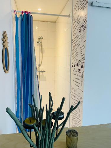a plant in a bathroom with a shower at Studio Cosy in Saint-Juéry