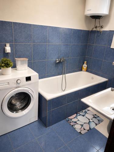 a bathroom with a washing machine and a sink at Apartman Stefan in Kotor