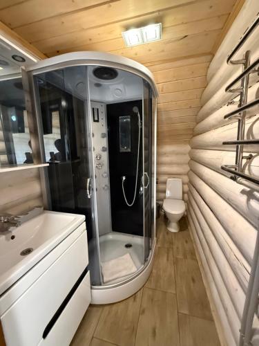 a bathroom with a shower and a toilet at Beauty House in Mykulychyn