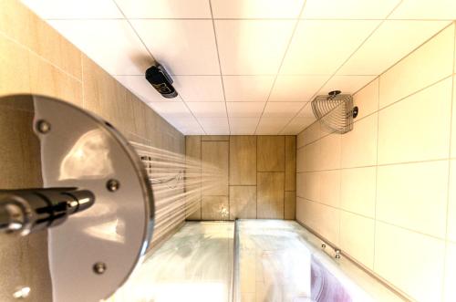 a bathroom with a tub and a shower with a ceiling at Hotel Bruckertshof in Bamberg
