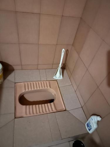 a bathroom with a toilet with a brush in it at Y Not Sonada in Sonāda