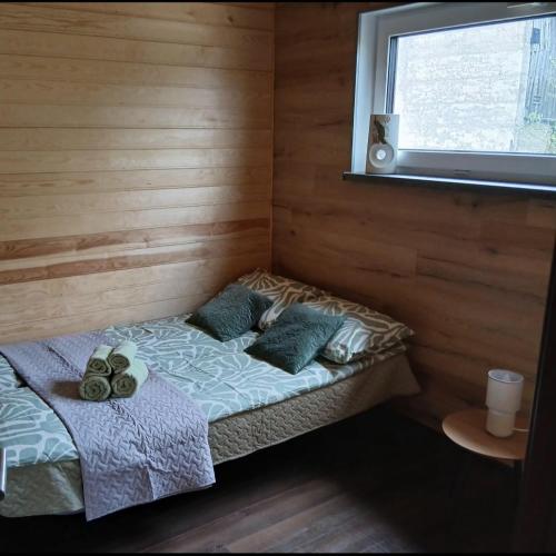 a room with two beds and a window at Celmu Nams in Ventspils