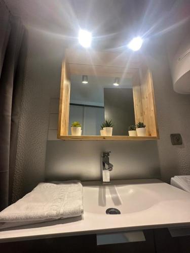 a bathroom with a sink and a mirror at La plume d'or in Saint-Étienne