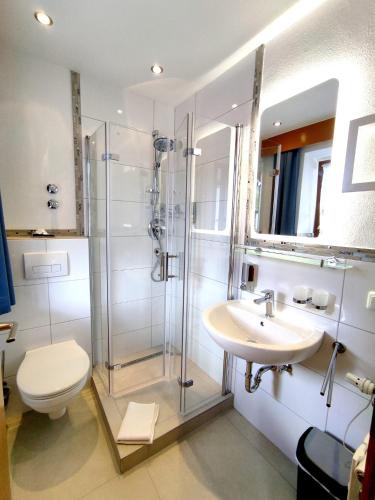 a bathroom with a shower and a sink and a toilet at Hotel Pfrontener Hof in Pfronten